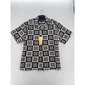 Malibu - Button‎ Down Shirt Linen Look Geometric Tile - Black/Natural - L - Mens
